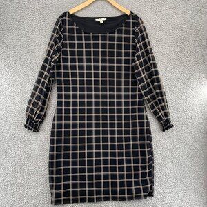 Haani Dress Womens Large Petite Black Plaid Shift Sheer Long Sleeve Mini Knit